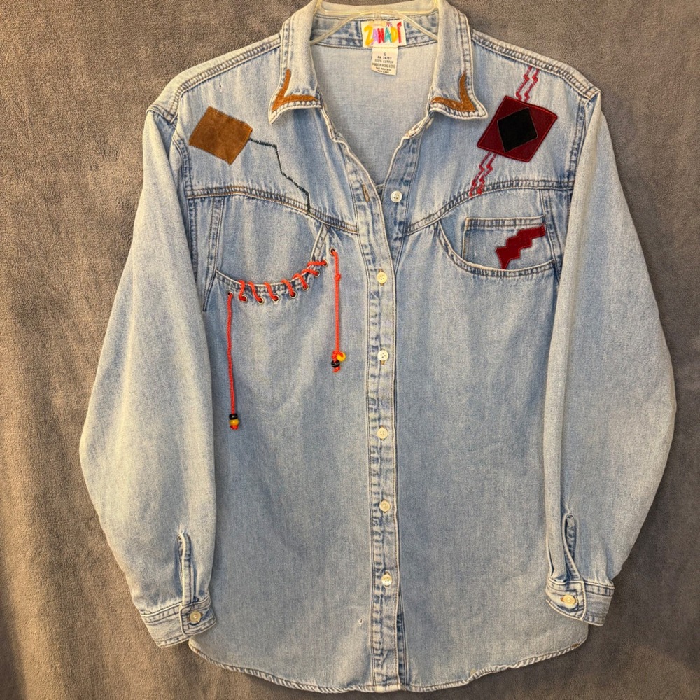 Vintage Denim Shirt Light Wash Womens Small I Love Zanadi Braided Patchwork